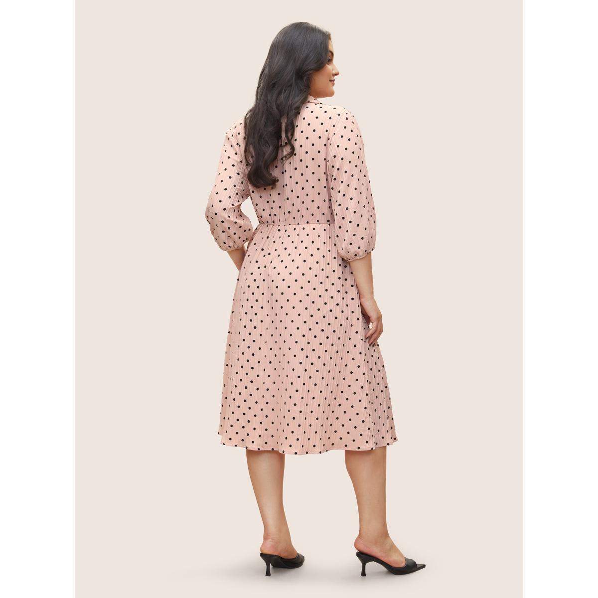 Plus Size Polka Dot Textured Elastic Waist Button Up Dress MistyRose Women At the Office Non Shirt collar Elbow-length sleeve Curvy Midi Dress BloomChic 14-16/1X Product Image
