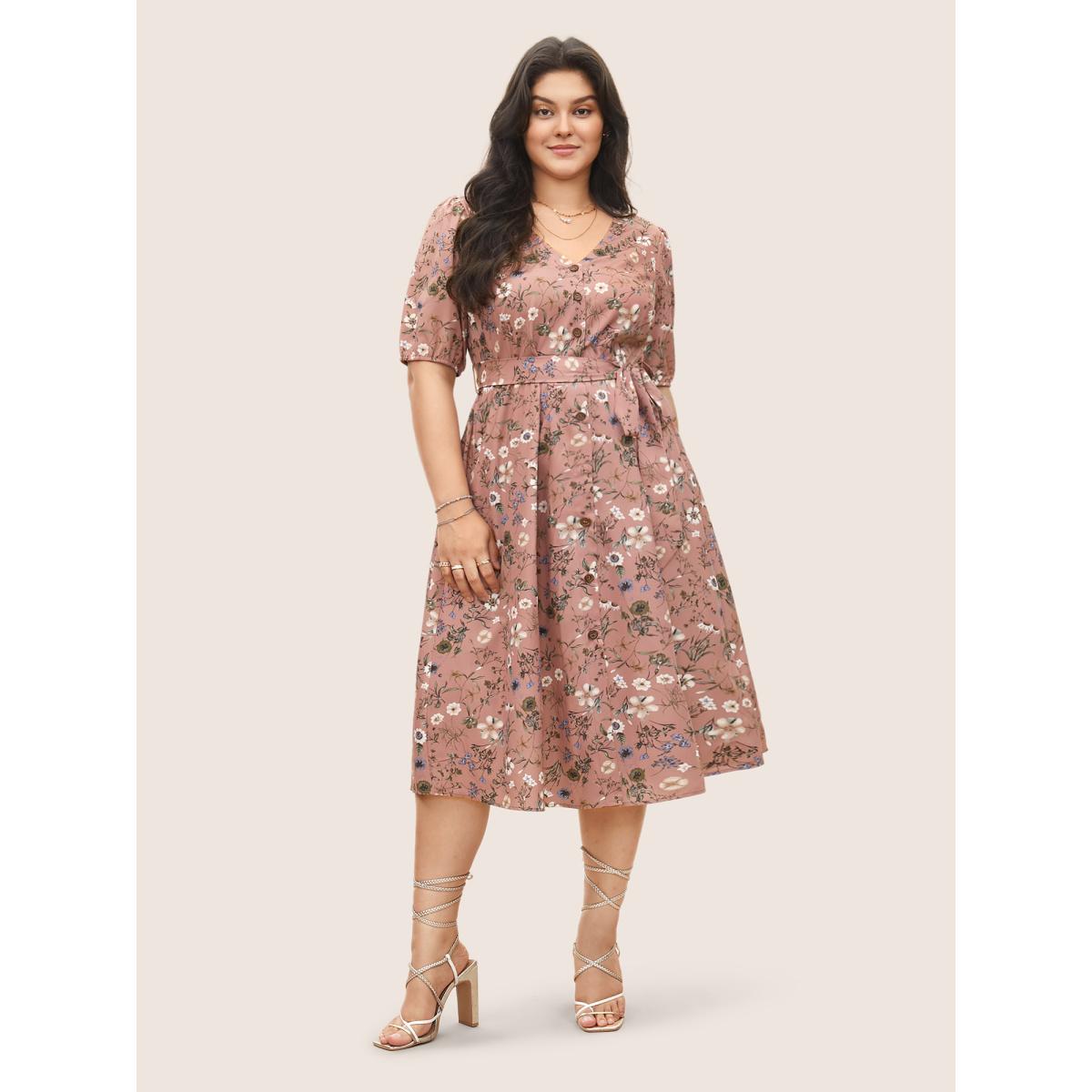 Plus Size Ditsy Floral Belted Lantern Sleeve Button Up Dress DustyPink Women Elegant Non V-neck Short sleeve Curvy Midi Dress BloomChic 22-24/3X Product Image