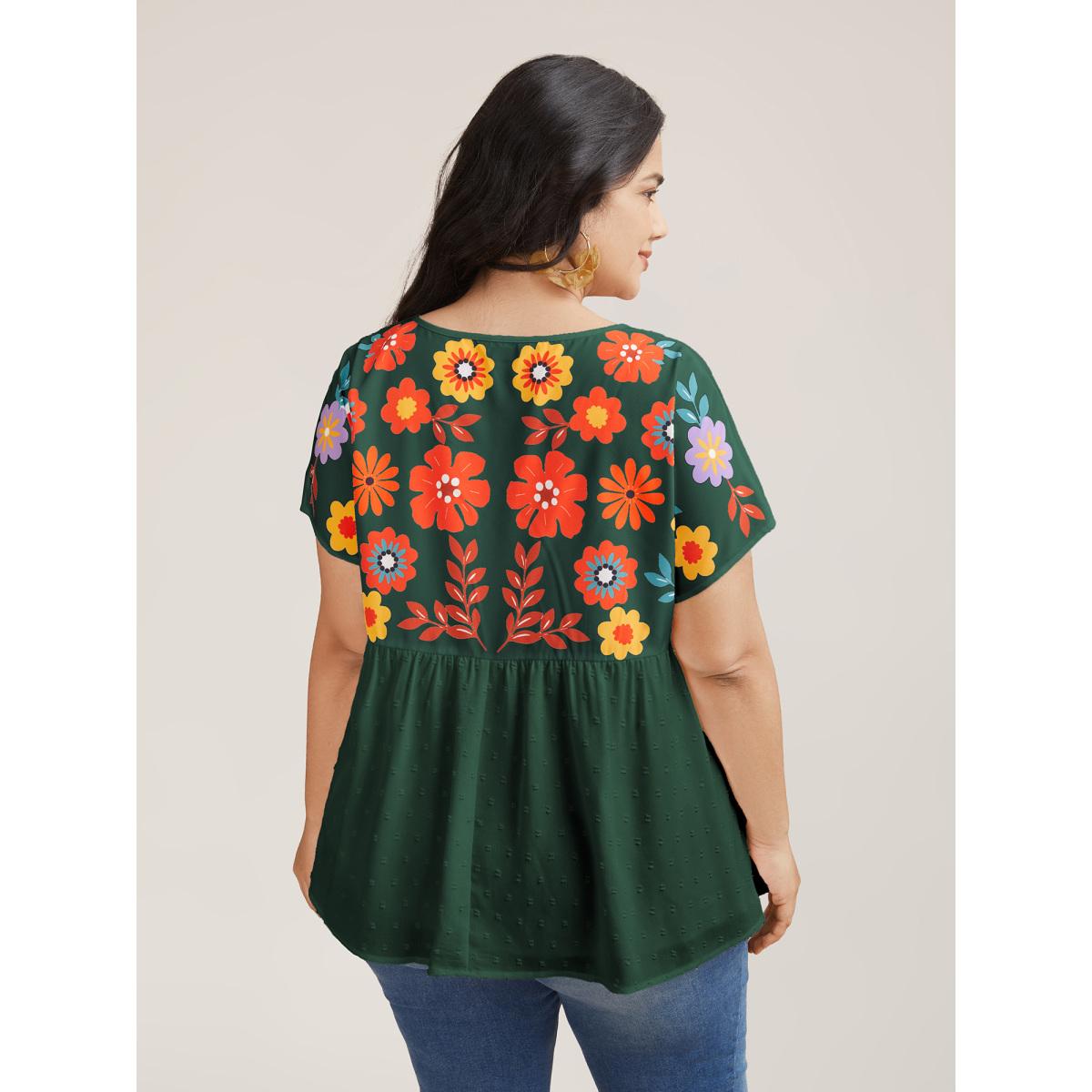 Plus Size DarkGreen Floral Print Neck-Tie Babydoll Top Women Resort Short sleeve Non Vacation Blouses BloomChic 18-20/2X Product Image