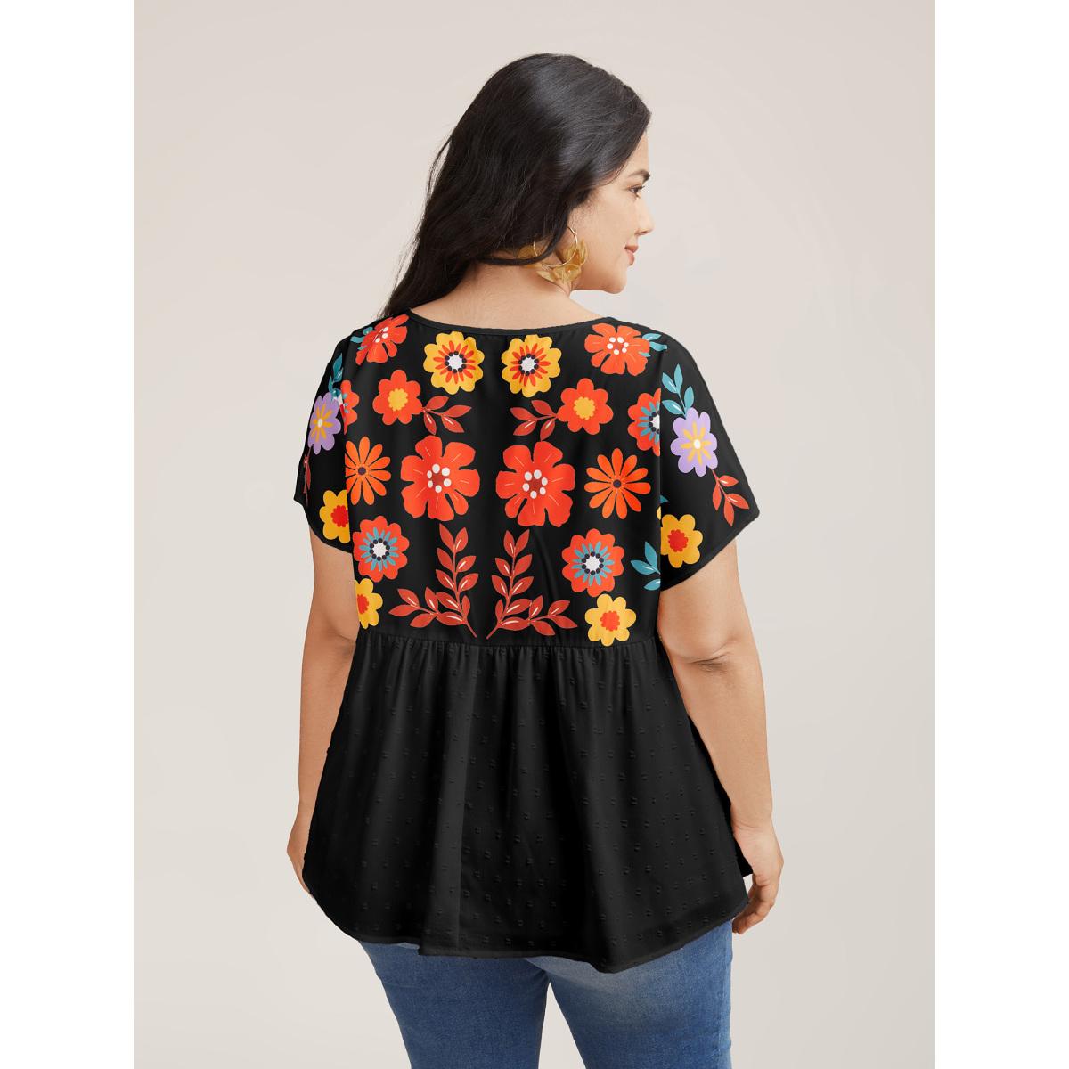 Plus Size Black Floral Print Neck-Tie Babydoll Top Women Resort Short sleeve Non Vacation Blouses BloomChic 28/5X Product Image