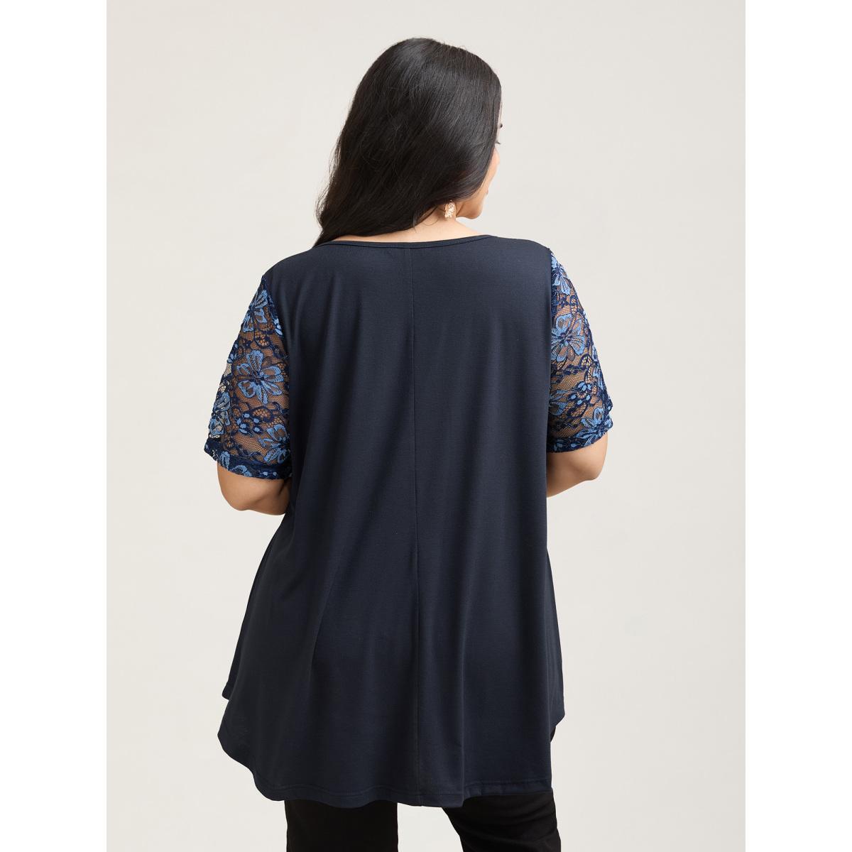 Plus Size Dual-Tone Lace Neck Tie Relaxed T-Shirt Indigo Women Elegant Tie knot V-neck Loose Everyday T-shirts BloomChic 18-20/2X Product Image