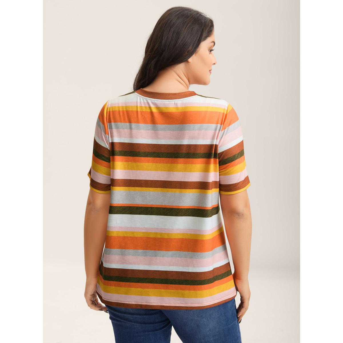 Plus Size Bamboo Stretchy Colorful Stripes T-Shirt Multicolor Women Playful Contrast V-neck Casual T-shirts BloomChic 10/M Product Image
