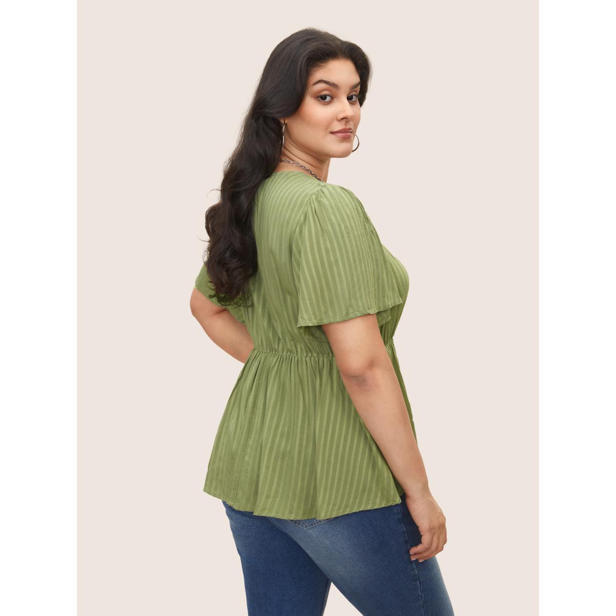 Plus Size Sage Plain Striped Overlap Collar Ruffle Sleeve Blouse Women Casual Short sleeve Overlap Collar Everyday Blouses BloomChic 28/5X Product Image