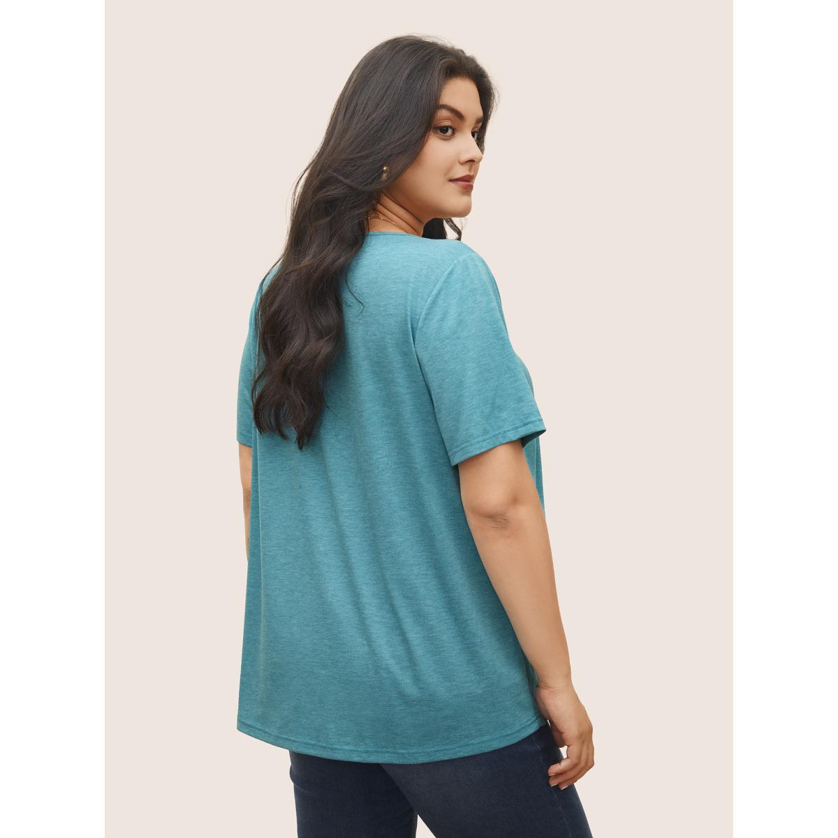 Plus Size Solid Heather Button Detail Gathered T-shirt Turquoise Women Casual Button Plain U-neck Everyday T-shirts BloomChic 26/4X Product Image