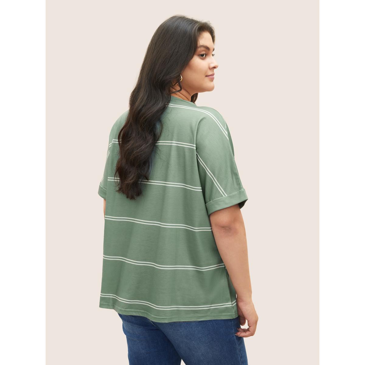 Plus Size Striped Contrast Dolman Sleeve T-shirt Mint Women Casual Striped V-neck Everyday T-shirts BloomChic 10/M Product Image
