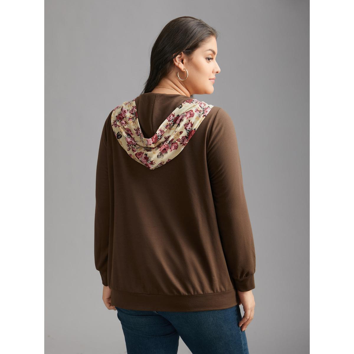 Plus Size Floral Zipper Patch Pocket Hooded Sweatshirt Women Browncoffeecolor Casual Contrast Loose Hooded Everyday Sweatshirts BloomChic 14-16/1X Product Image
