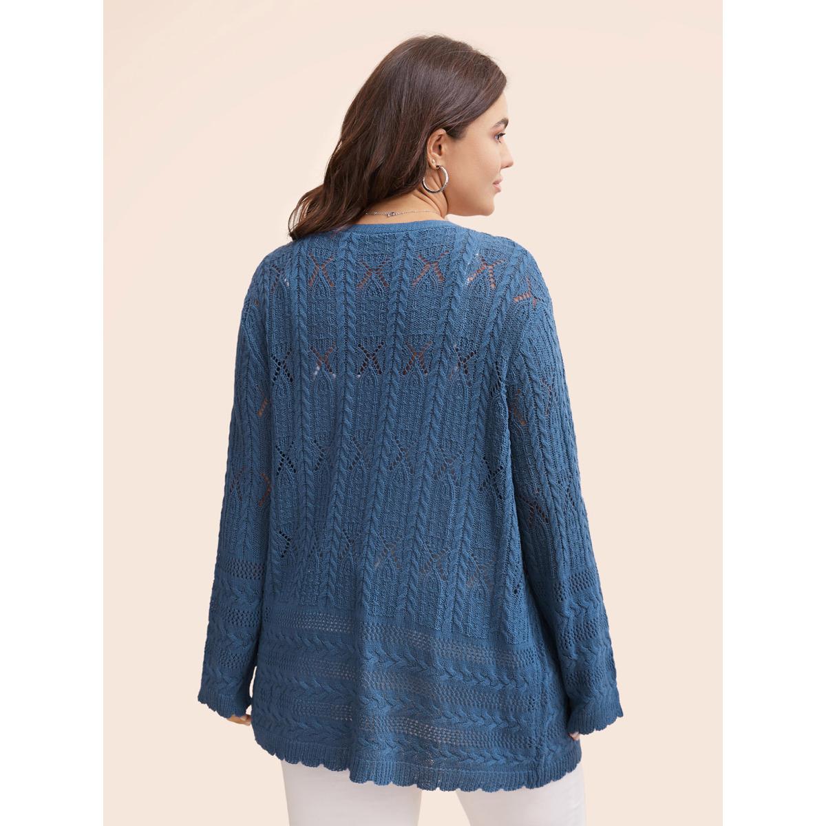 Plus Size Solid Scalloped Trim Cable Knit Cardigan Aegean Women Casual Loose Long Sleeve Everyday Cardigans BloomChic 26/4X Product Image