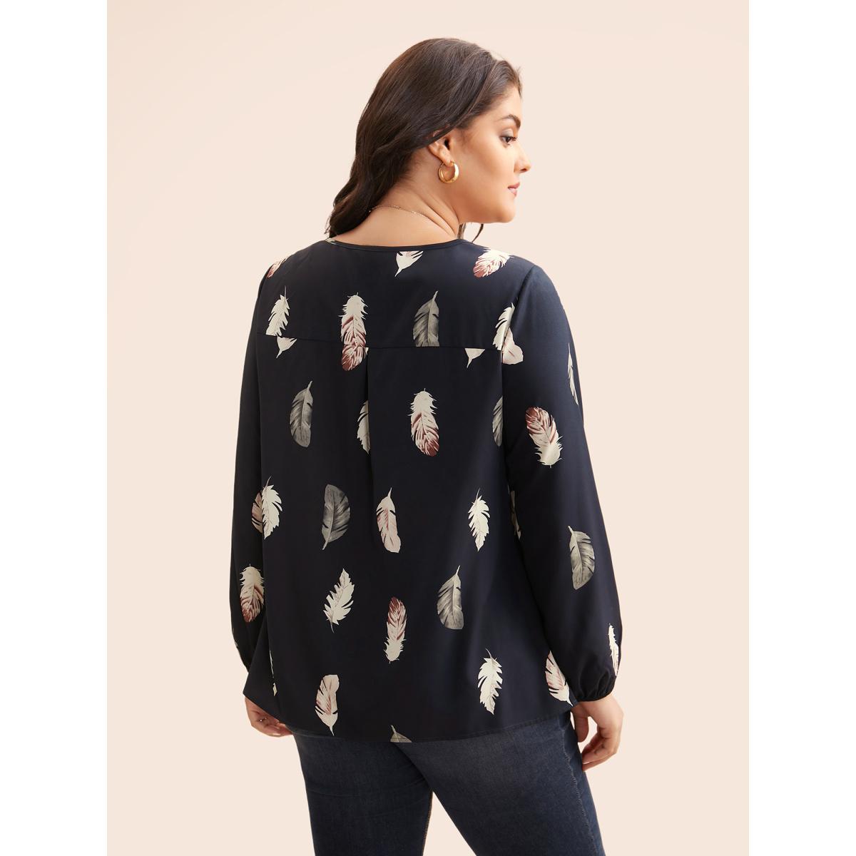 Plus Size Indigo Feather Print Pleated Slit Hem Blouse Women Elegant Extra Long Sleeve Round Neck Everyday Blouses BloomChic 30/6X Product Image
