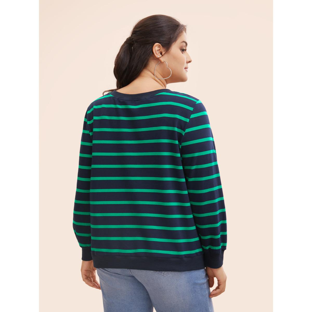 Plus Size Round Neck Striped Stretchy Sweatshirt Women Midnight Casual Contrast Round Neck Everyday Sweatshirts BloomChic 26/4X Product Image