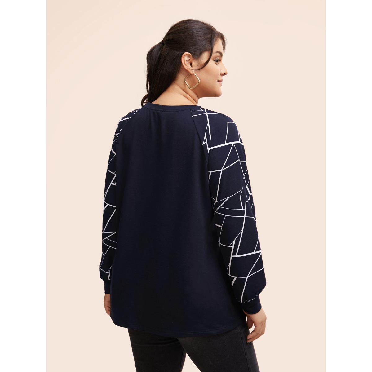 Plus Size Geometric Round Neck Raglan Sleeve Sweatshirt Women DarkBlue Casual Elastic cuffs Round Neck Dailywear Sweatshirts BloomChic 30/6X Product Image