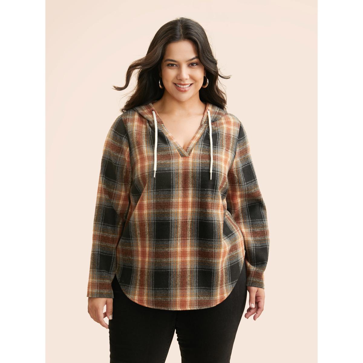 Plus Size Brushed Fabric Plaid Hooded Sweatshirt Women Black Casual Drawstring Hooded Everyday Sweatshirts BloomChic 22-24/3X Product Image