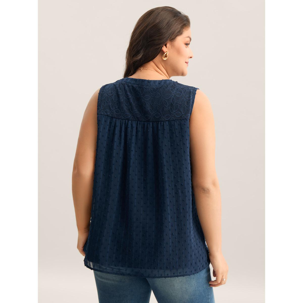 Plus Size Textured Lace Detail Neck Tie Sleeveless Top Women DarkBlue Timeless Woven ribbon&lace trim Flat collar with V-notch Elegant Tank Tops Camis BloomChic 12/L Product Image