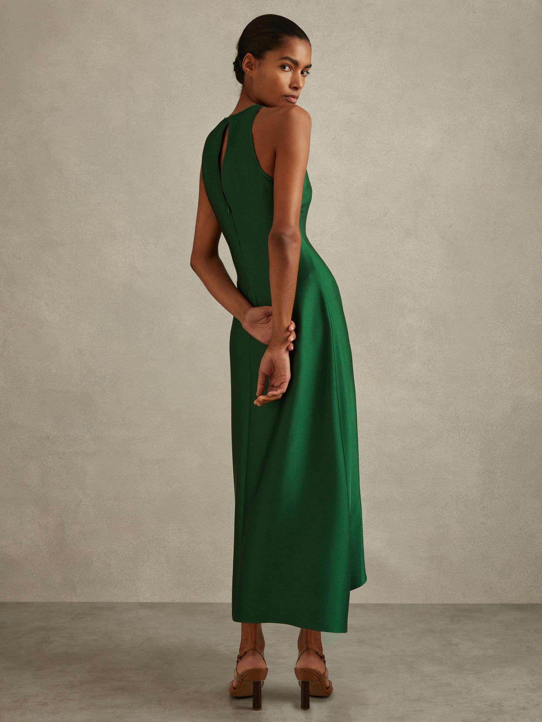 Petite Satin Drape Tuck Midi Dress in Green Product Image