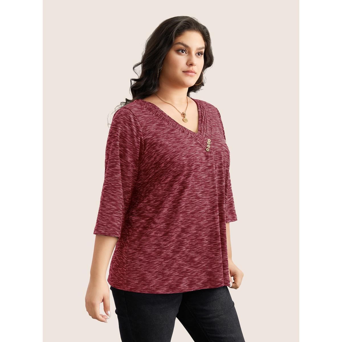 Plus Size Heather Pleated Button Detail T-shirt Raspberry Women Casual Pleated Plain V-neck Everyday T-shirts BloomChic 26/4X Product Image