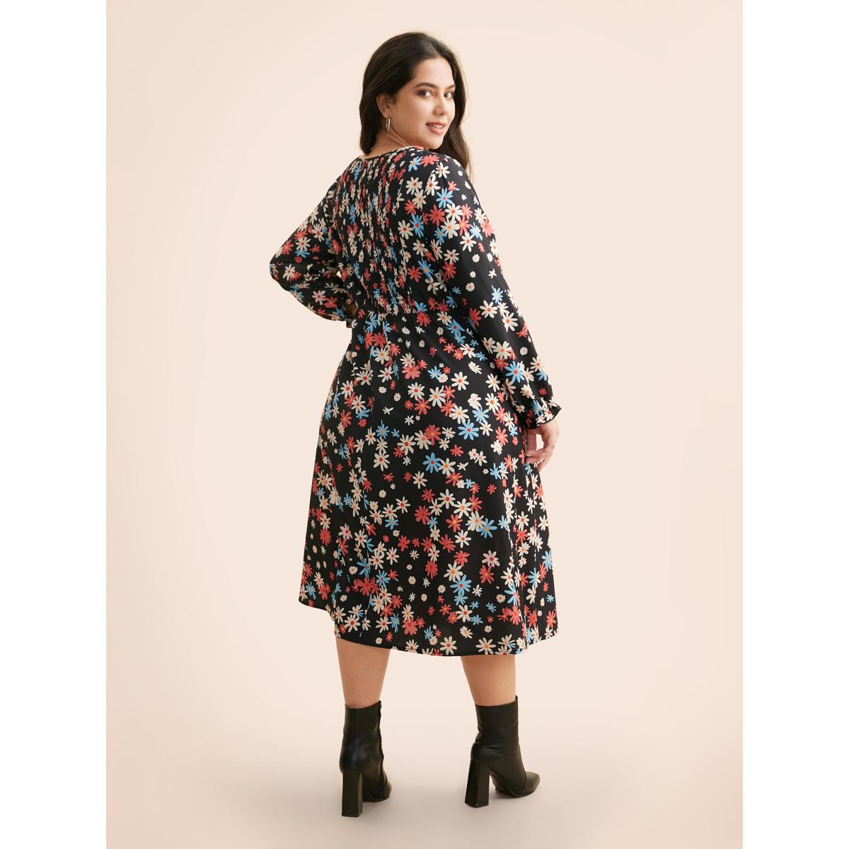 Plus Size Floral Square Neck Lantern Sleeve Dress BlackFlower Women Elegant Ruffles Square Neck Long Sleeve Curvy BloomChic 26/4X Product Image