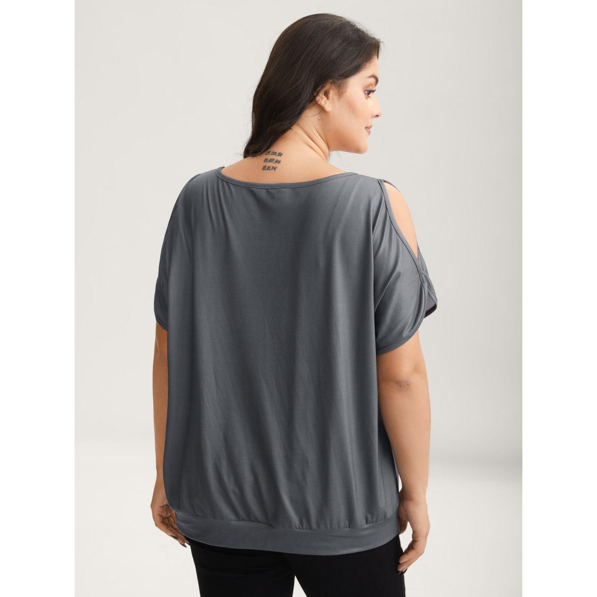 Plus Size Stretchy Feather Print Cut-Out Sleeve T-Shirt DimGray Women Non Art&design Round Neck Loose Everyday-Casual T-shirts BloomChic 14-16/1X Product Image