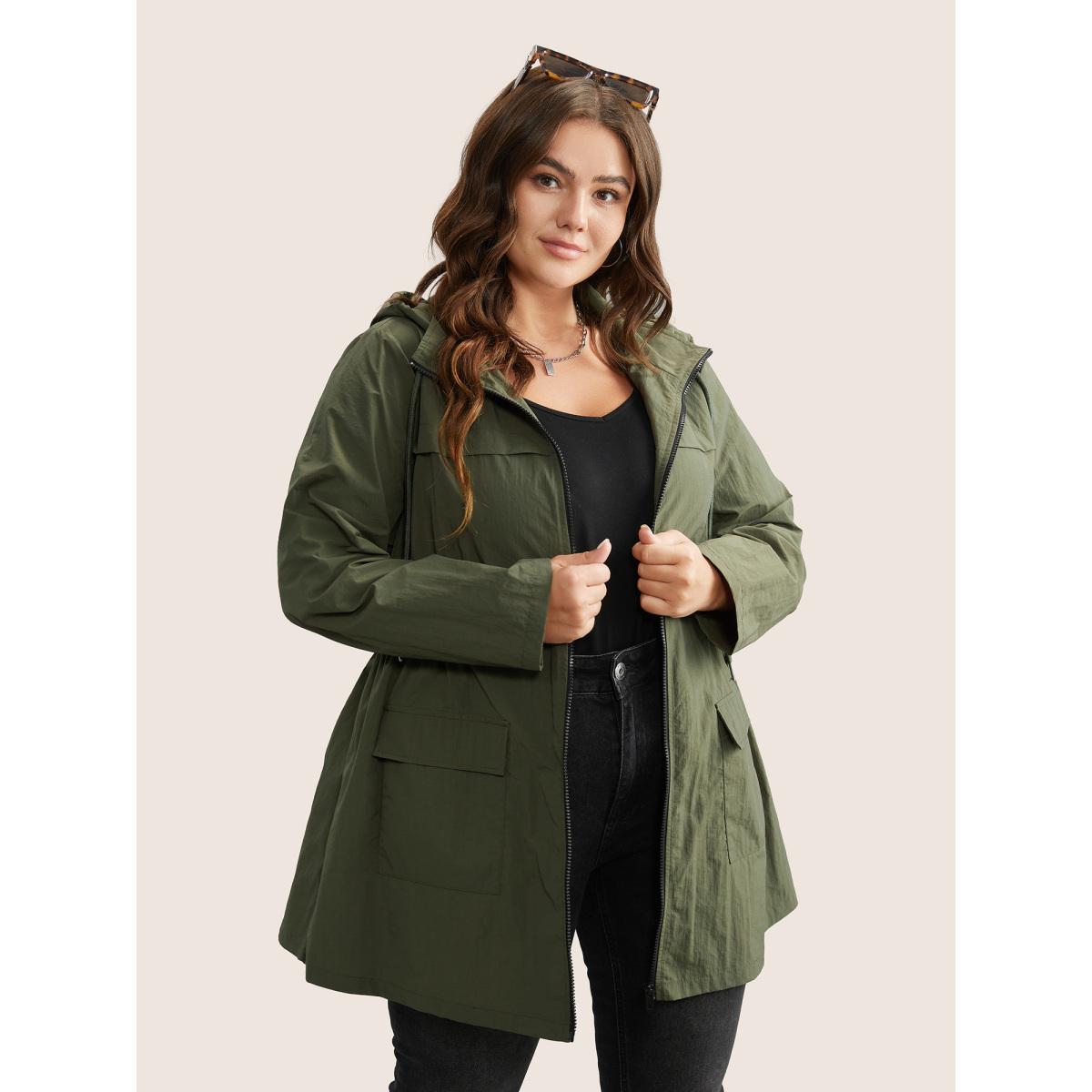 Plus Size Plain Hooded Drawstring Gathered Zipper Jacket Women ArmyGreen Non Patch pocket Everyday Jackets BloomChic 14-16/1X Product Image