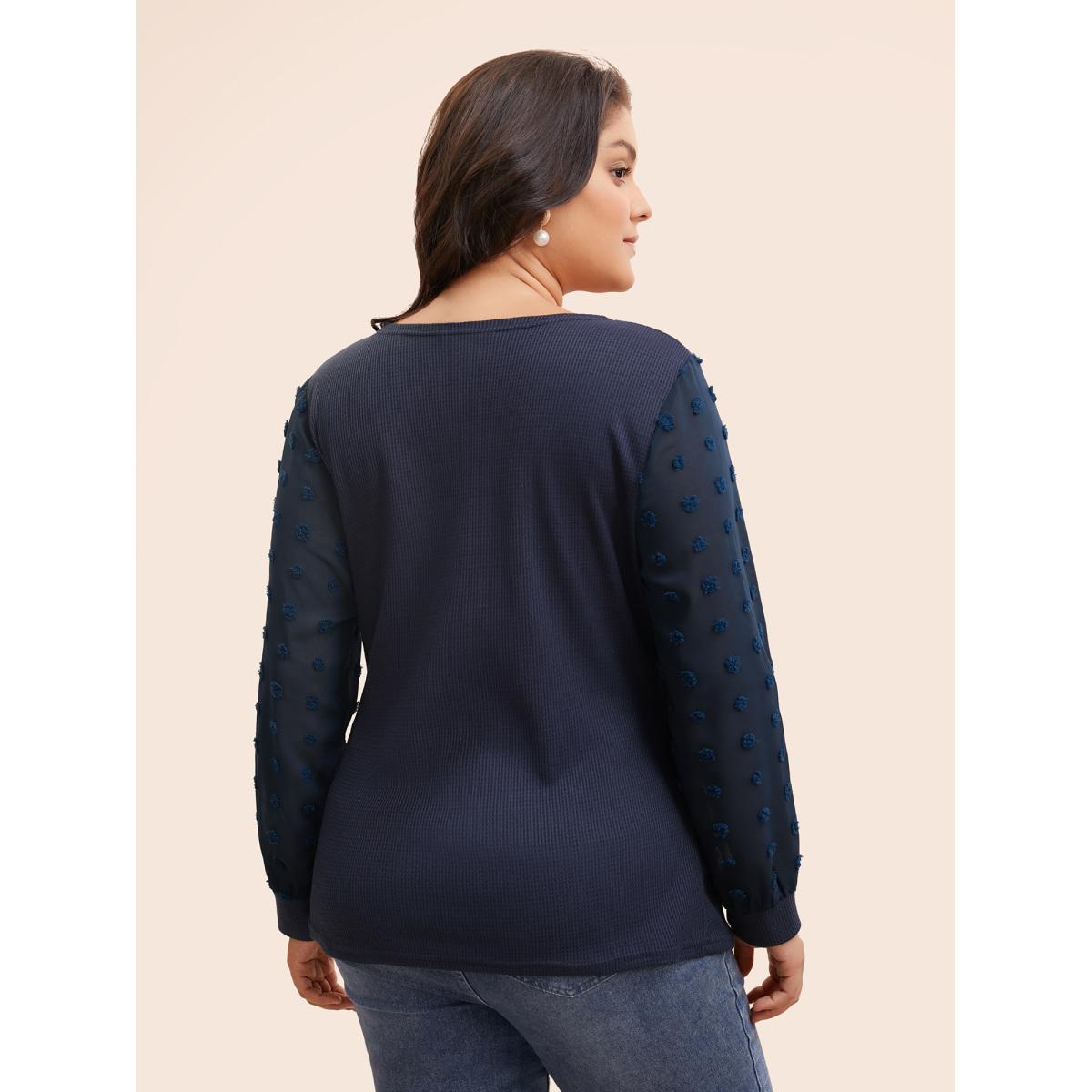 Plus Size Waffle Knit Patchwork Mesh Overlapping T-shirt Indigo Women Elegant Overlapping V-neck Bodycon Everyday T-shirts BloomChic 18-20/2X Product Image