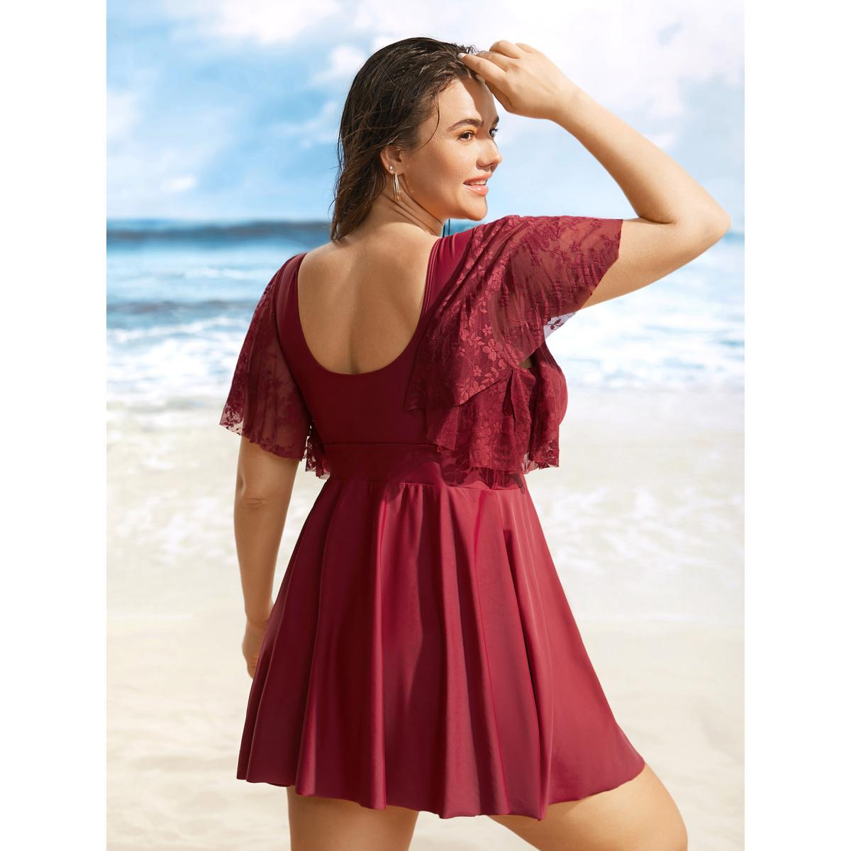 Plus Size Solid Overlap Collar Lace Patchwork Gathered Swim Dress Women's Swimwear Deepred Beach Bodycon Overlap Collar High stretch Curve Swim Dresses BloomChic 12/L Product Image