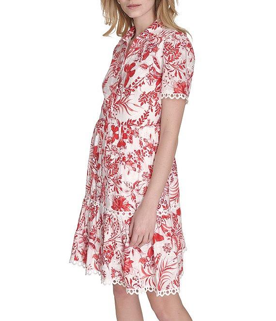 Eliza J Eyelet Floral Print Point Collar Neck Short Sleeve Button Front Shirt Dress Product Image