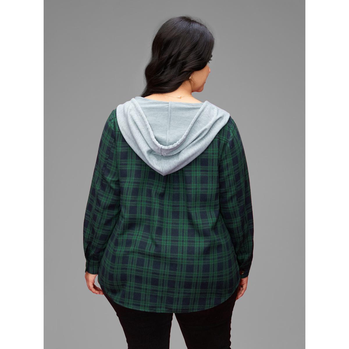Plus Size Plaid Hooded Drawstring Jacket Women DarkGreen Contrast Slanted pocket Everyday Jackets BloomChic 26/4X Product Image
