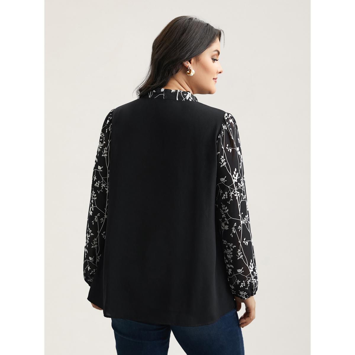 Plus Size Black Floral Patchwork Neck-Tie Blouse Women Elegant Extra Long Sleeve Ribbon-tied collar Everyday Blouses BloomChic 18-20/2X Product Image