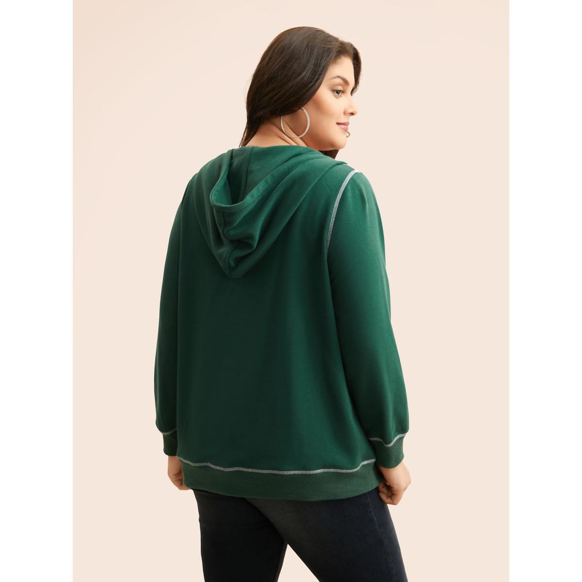 Plus Size Contrast Stitch Hooded Drawstring Sweatshirt Women DarkGreen Casual Topstitching Loose Non Everyday Sweatshirts BloomChic 18-20/2X Product Image