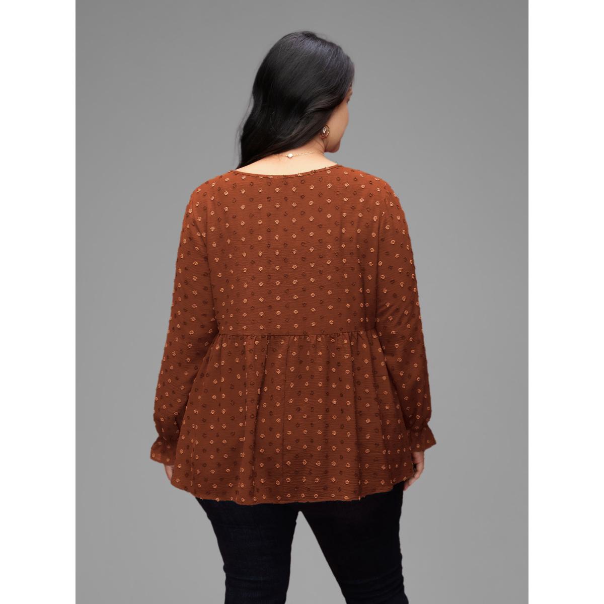 Plus Size Rust Textured Dot Elastic Cuffs A-line Blouse Women Leisure Long Sleeve Round Neck Casual Blouses BloomChic 26/4X Product Image