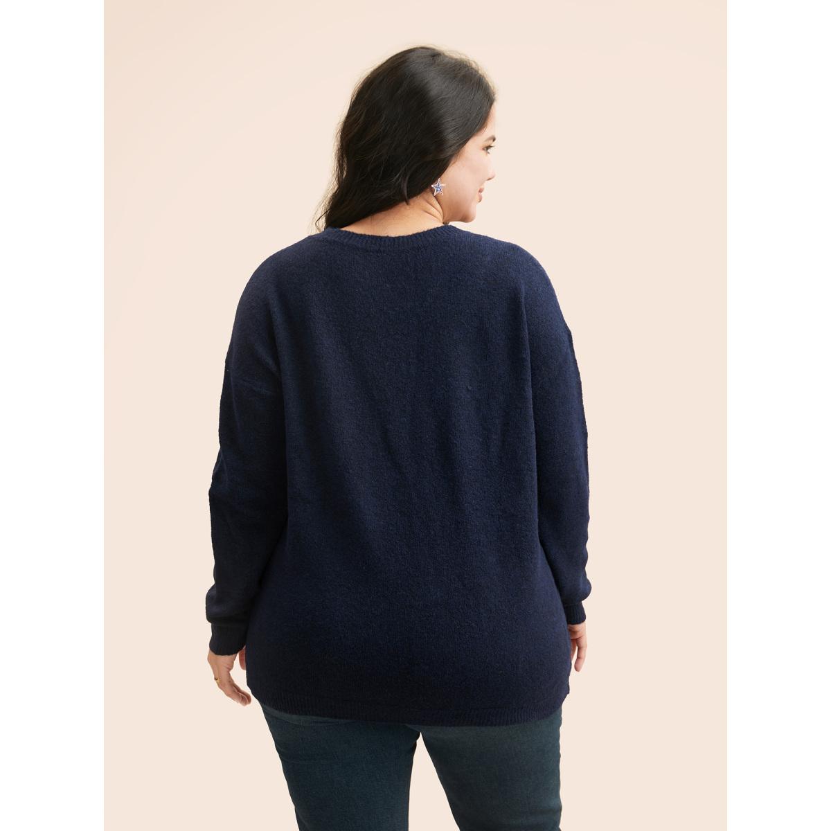 Plus Size Star Jacquard Crew Neck Pullover Indigo Women Casual Loose Long Sleeve Round Neck Everyday Pullovers BloomChic 18-20/2X Product Image