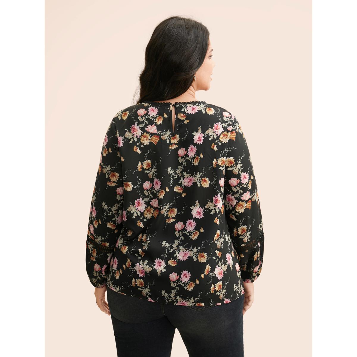 Plus Size Black Floral Lace Panel Lantern Sleeve Blouse Women Elegant Long Sleeve Round Neck Everyday Blouses BloomChic 28/5X Product Image