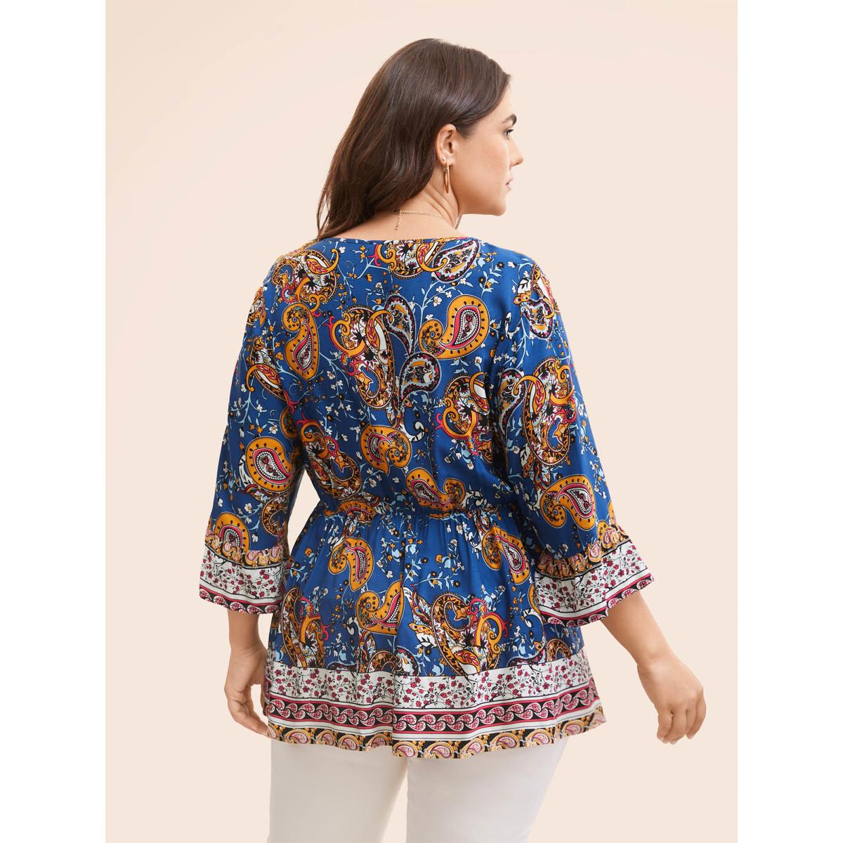 Plus Size DarkBlue Boho Print Tie Knot Tassels Crisscross Blouse Women Boho Elbow-length sleeve V-neck Vacation Blouses BloomChic 26/4X Product Image