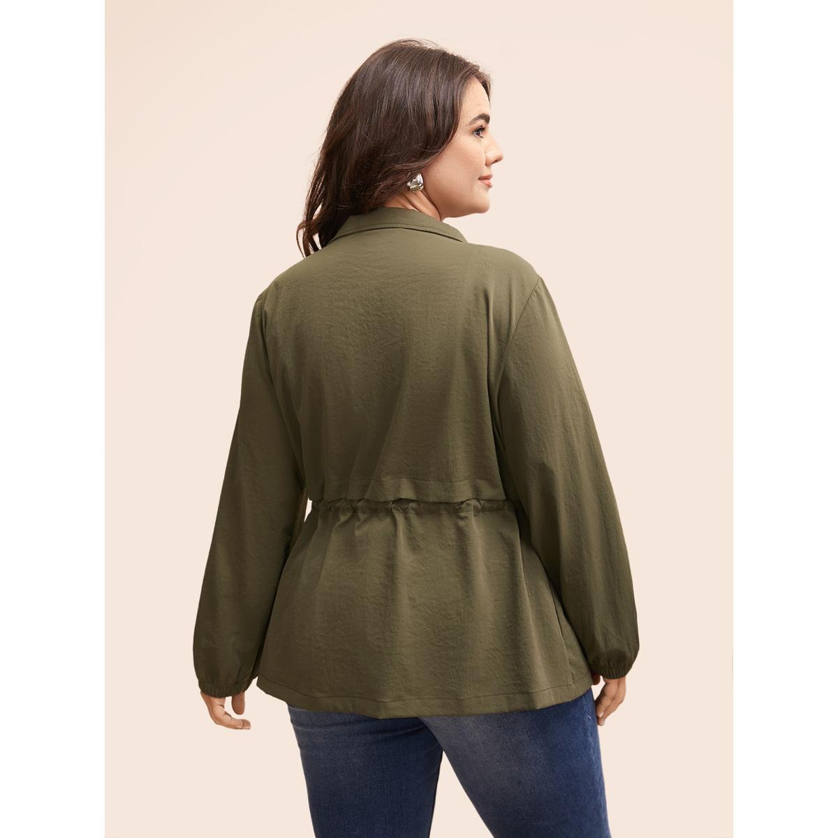 Plus Size Solid Flap Pocket Drawstring Jacket Women ArmyGreen Drawstring Side seam pocket Everyday Jackets BloomChic 26/4X Product Image