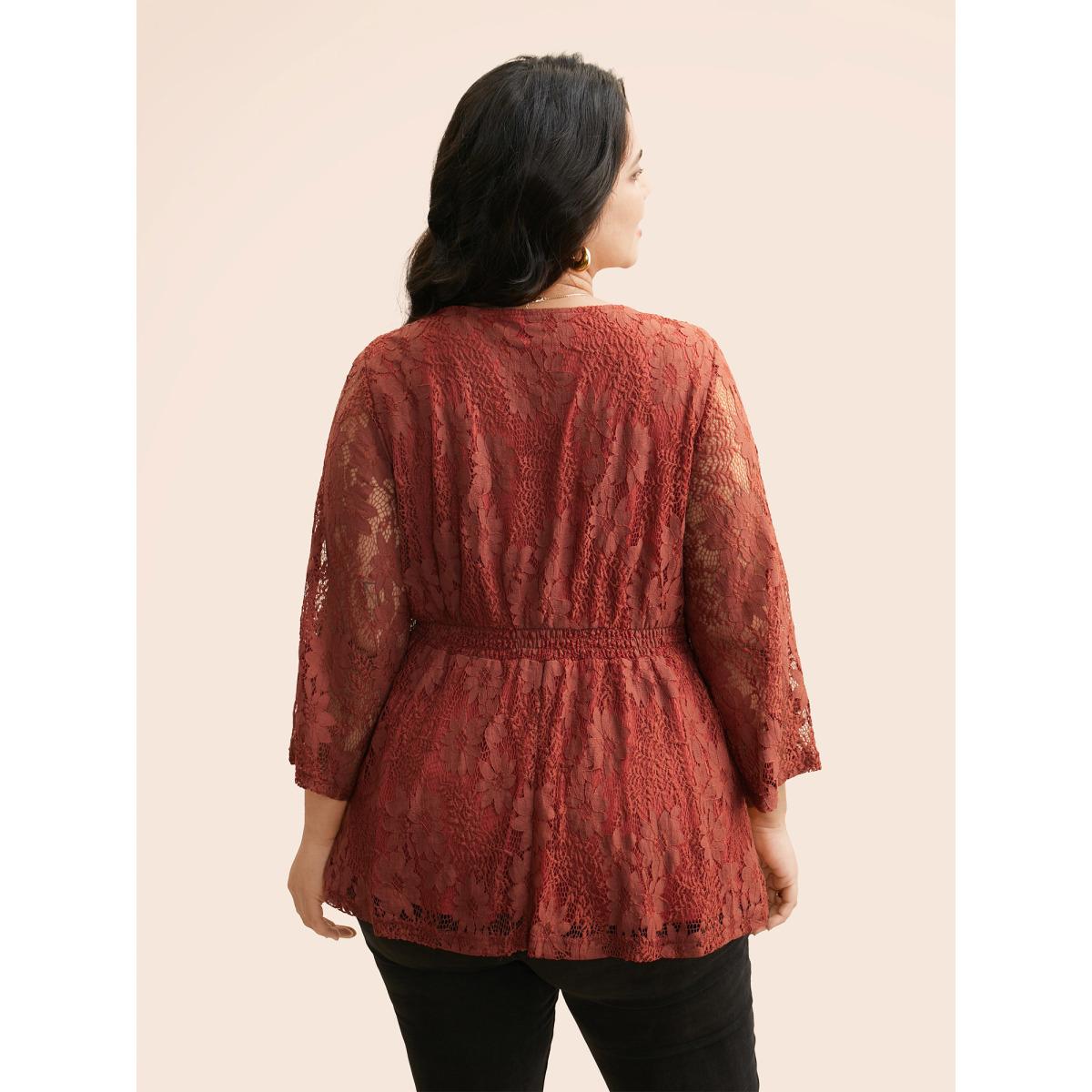 Plus Size Russet Crochet Lace Mesh Bell Sleeve Blouse Women Elegant Long Sleeve Overlap Collar Everyday Blouses BloomChic 10/M Product Image