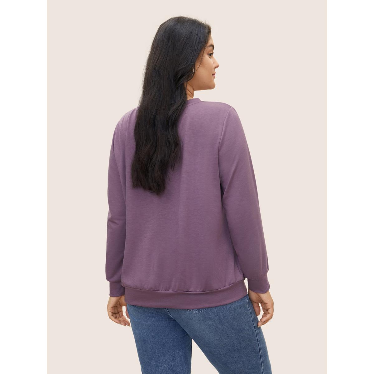 Plus Size Round Neck Lace Patchwork Sweatshirt Women Mauve Casual See through Round Neck Everyday Sweatshirts BloomChic 28/5X Product Image