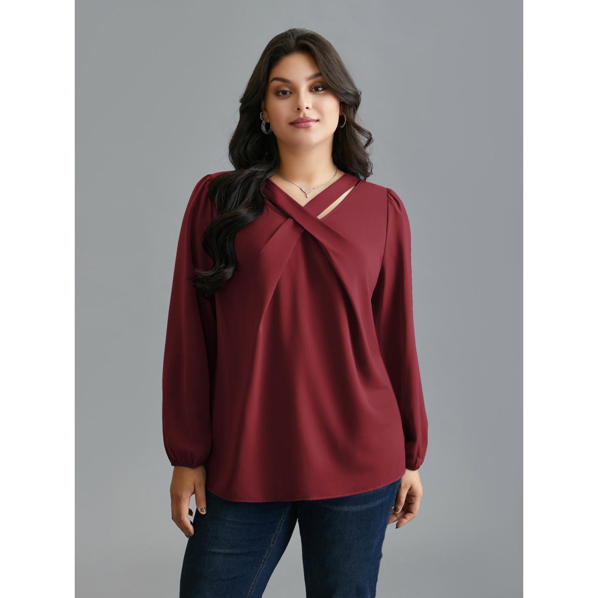 Plus Size Burgundy Criss Cross Neckline Puff Sleeve Gathered Blouse Women Elegant Long Sleeve Asymmetrical Neck Everyday Blouses BloomChic 26/4X Product Image
