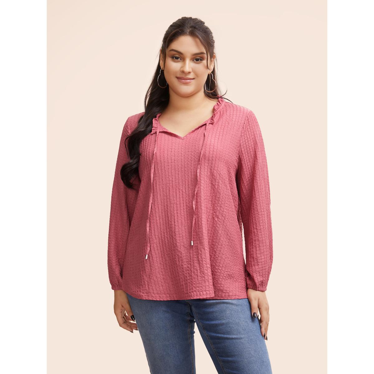 Plus Size Textured Tie Knot Lantern Sleeve T-shirt Beanpastepowder Women Casual Tie knot V-neck Everyday T-shirts BloomChic 12/L Product Image