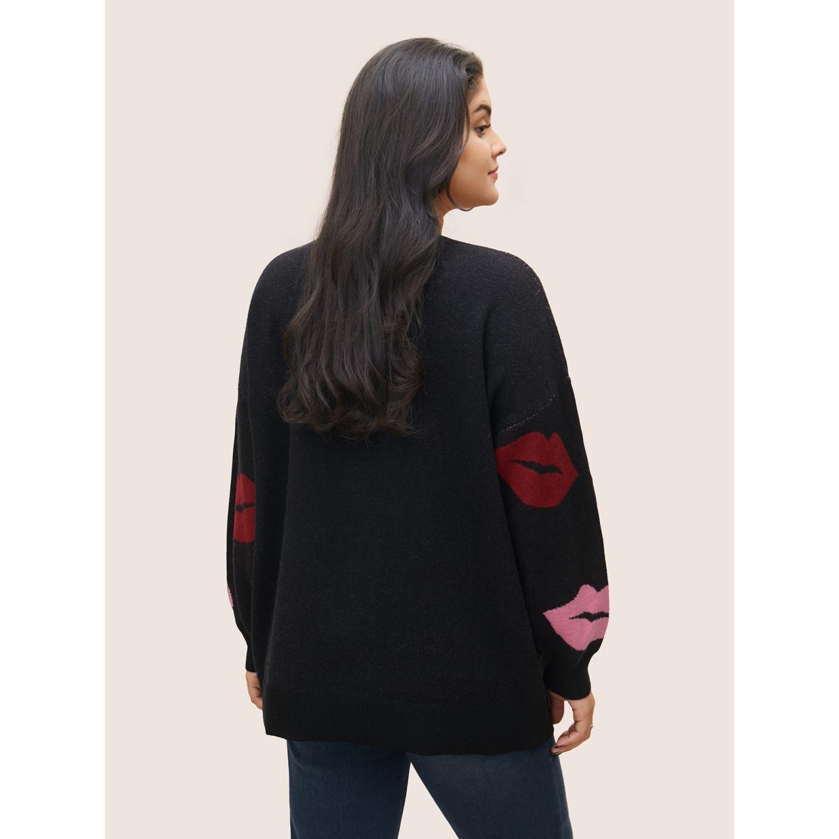 Plus Size Supersoft Essentials Lip Print Split Side Pullover Black Women Casual Long Sleeve V-neck Everyday Pullovers BloomChic 22-24/3X Product Image