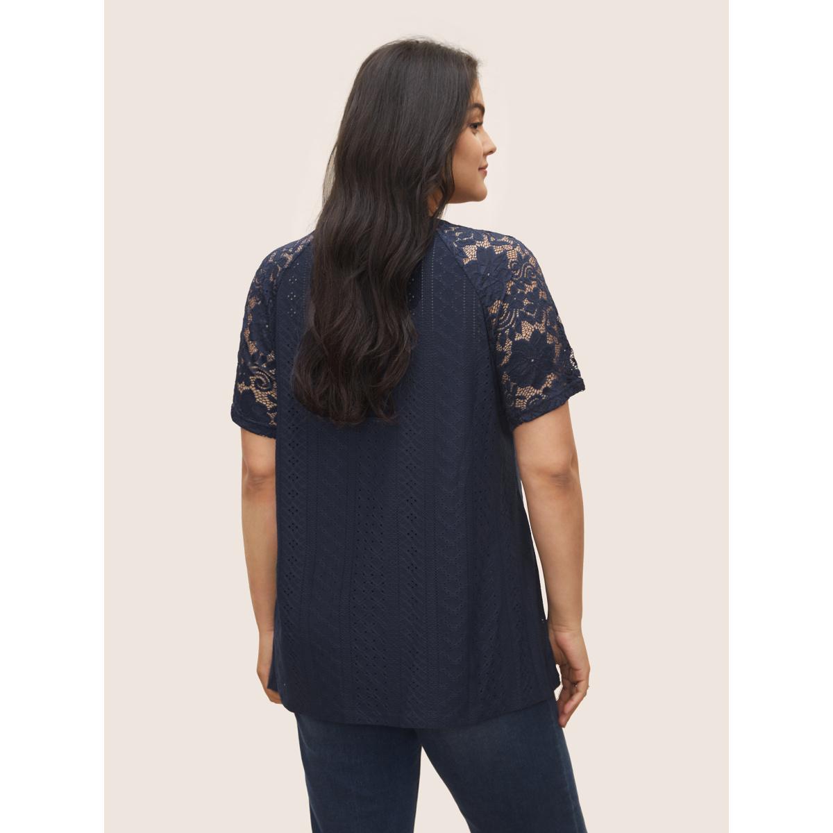 Plus Size Solid Broderie Anglaise Lace Raglan Sleeve T-shirt Midnight Women Elegant See through Plain Round Neck Everyday T-shirts BloomChic 18-20/2X Product Image