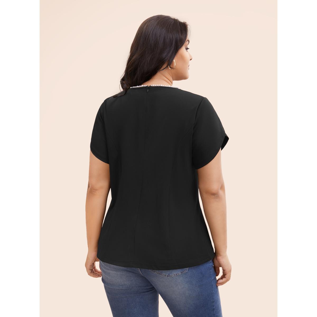 Plus Size Black Pearl Beaded Petal Sleeve Stretch Blouse Women Elegant Half Sleeve Round Neck Everyday Blouses BloomChic 10/M Product Image