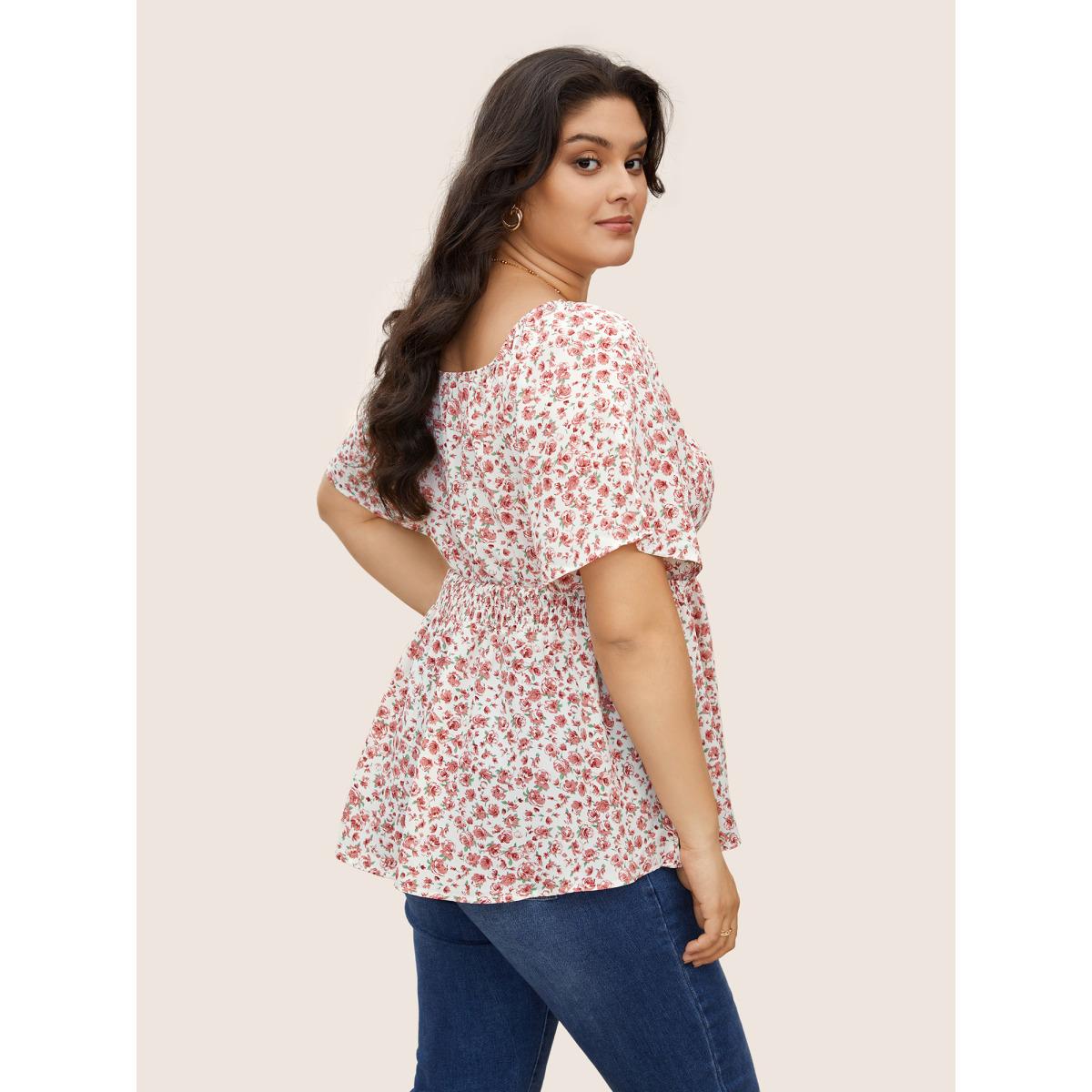 Plus Size DustyPink Ditsy Floral Ruffle Sleeve Shirred Square Neck Blouse Women Elegant Short sleeve Square Neck Everyday Blouses BloomChic 22-24/3X Product Image