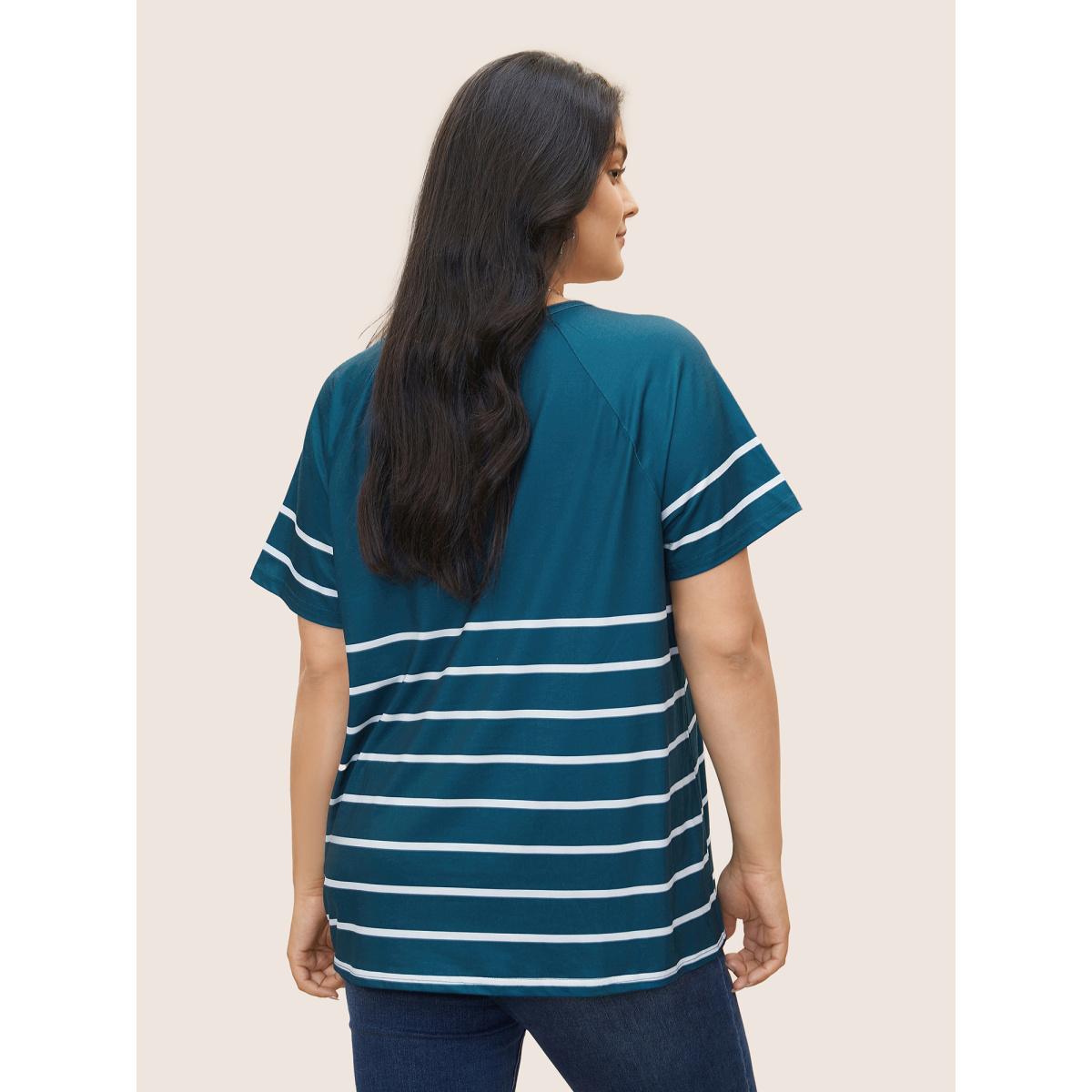 Plus Size Striped Print Raglan Sleeve Button Up T-shirt Aegean Women Casual Contrast Striped Round Neck Everyday T-shirts BloomChic 28/5X Product Image