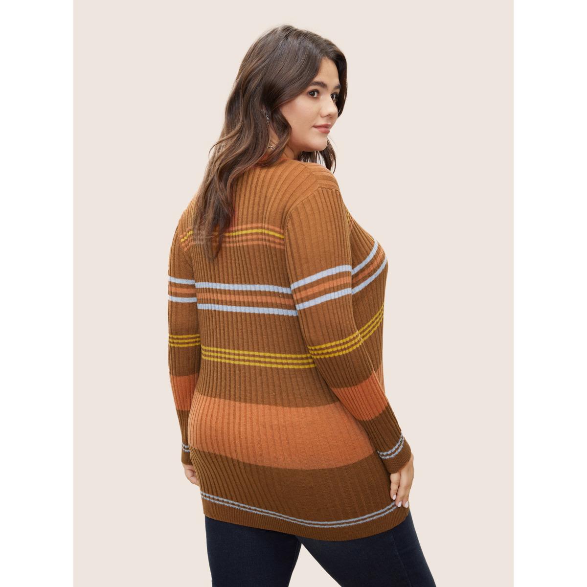 Plus Size Supersoft Essentials Contrast Striped Pullover Rust Women Casual Long Sleeve Round Neck Everyday Pullovers BloomChic 26/4X Product Image