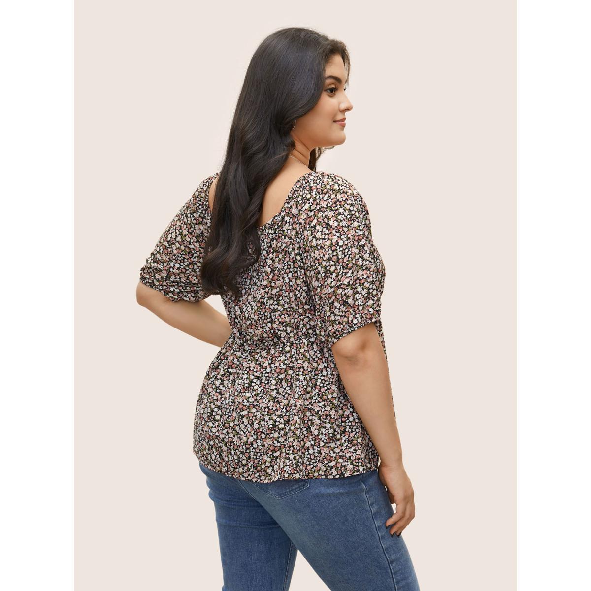 Plus Size BlackFlower Ditsy Floral Square Neck Elastic Waist Blouse Women Elegant Short sleeve Square Neck Everyday Blouses BloomChic 22-24/3X Product Image