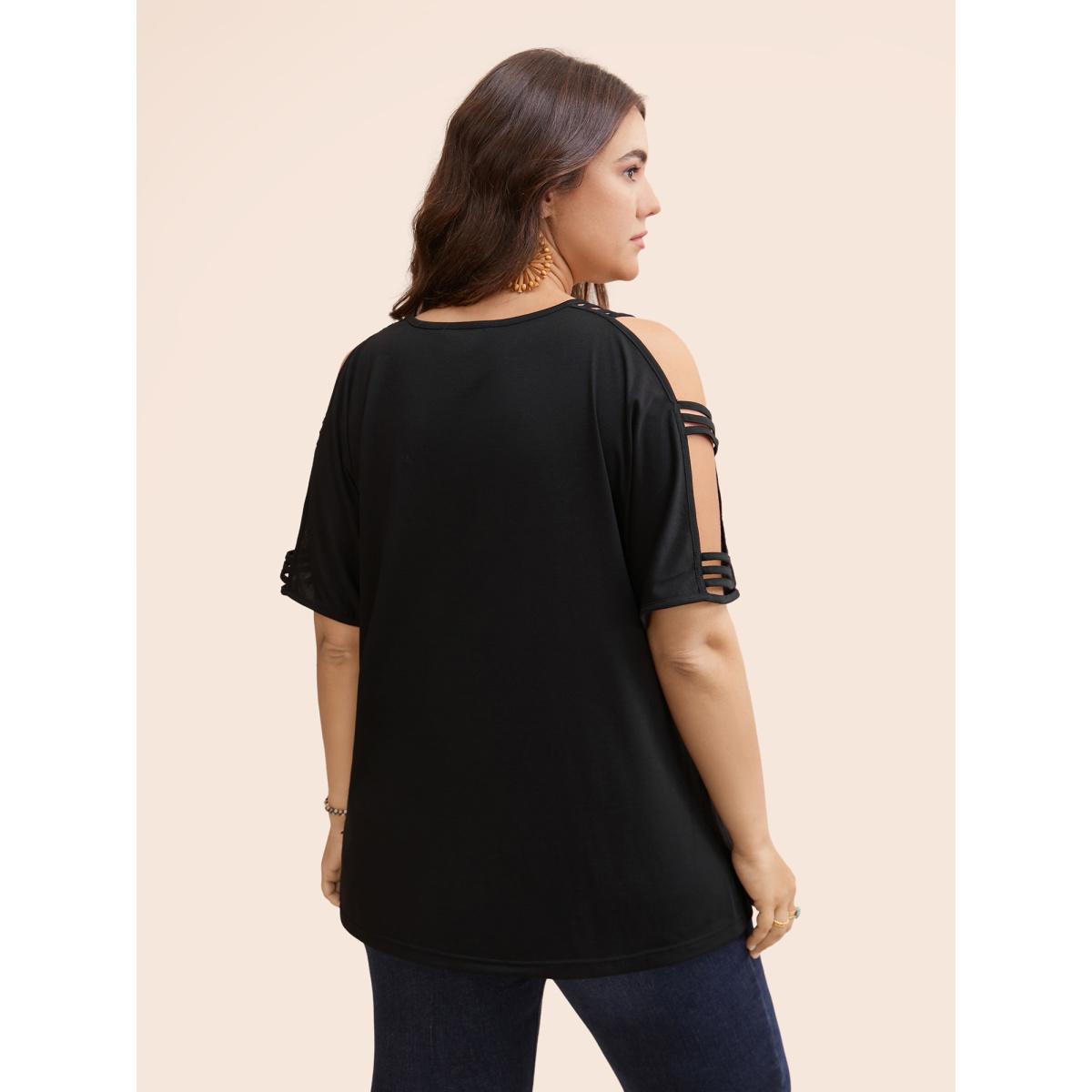 Plus Size Solid Cut Out Batwing Sleeve T-shirt Black Women Resort Cut-Out Plain V-neck Vacation T-shirts BloomChic 30/6X Product Image