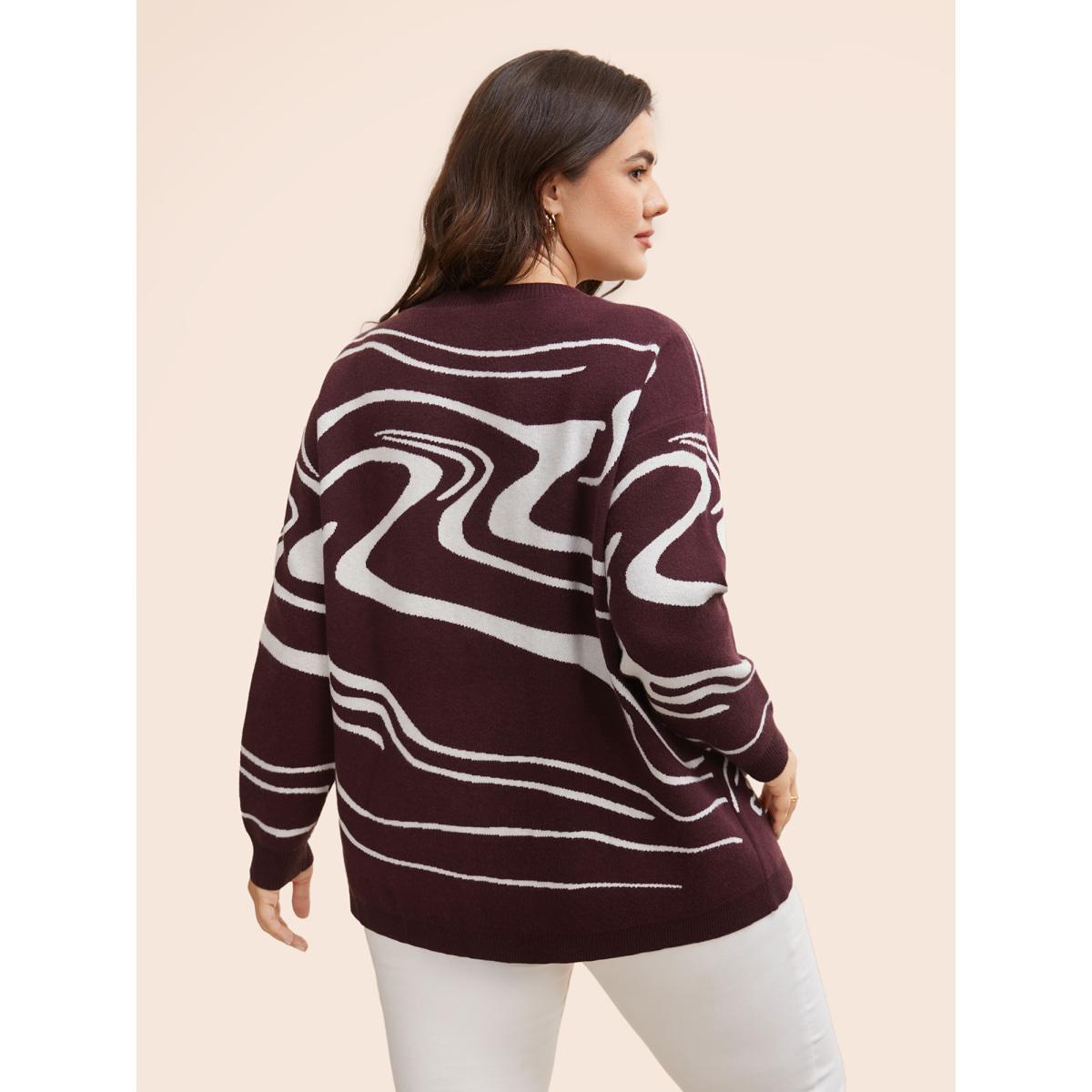 Plus Size Water Ripple Contrast Drop Shoulder Pullover DarkBrown Women Casual Loose Long Sleeve Round Neck Everyday Pullovers BloomChic 22-24/3X Product Image