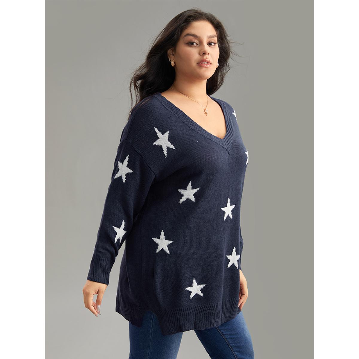 Plus Size Star Print Drop Shoulder Cardigan Indigo Women Casual Loose Long Sleeve V-neck Dailywear Pullovers BloomChic 28/5X Product Image