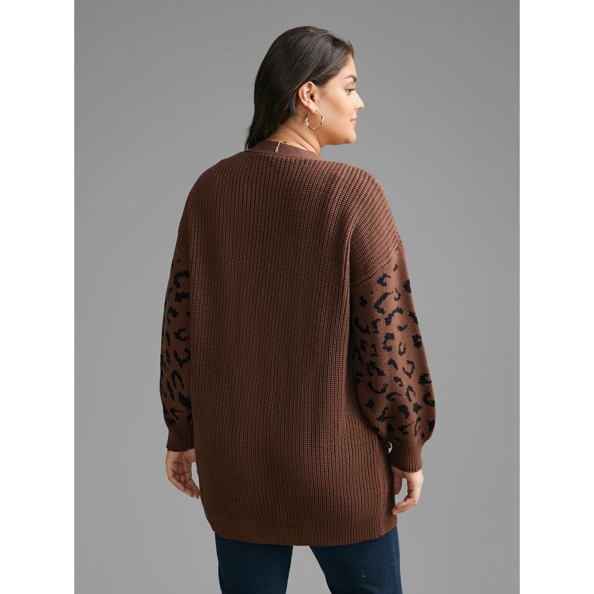 Plus Size Leopard Print Patchwork Lantern Sleeve Cardigan Browncoffeecolor Women Casual Loose Long Sleeve Everyday Cardigans BloomChic 10/M Product Image