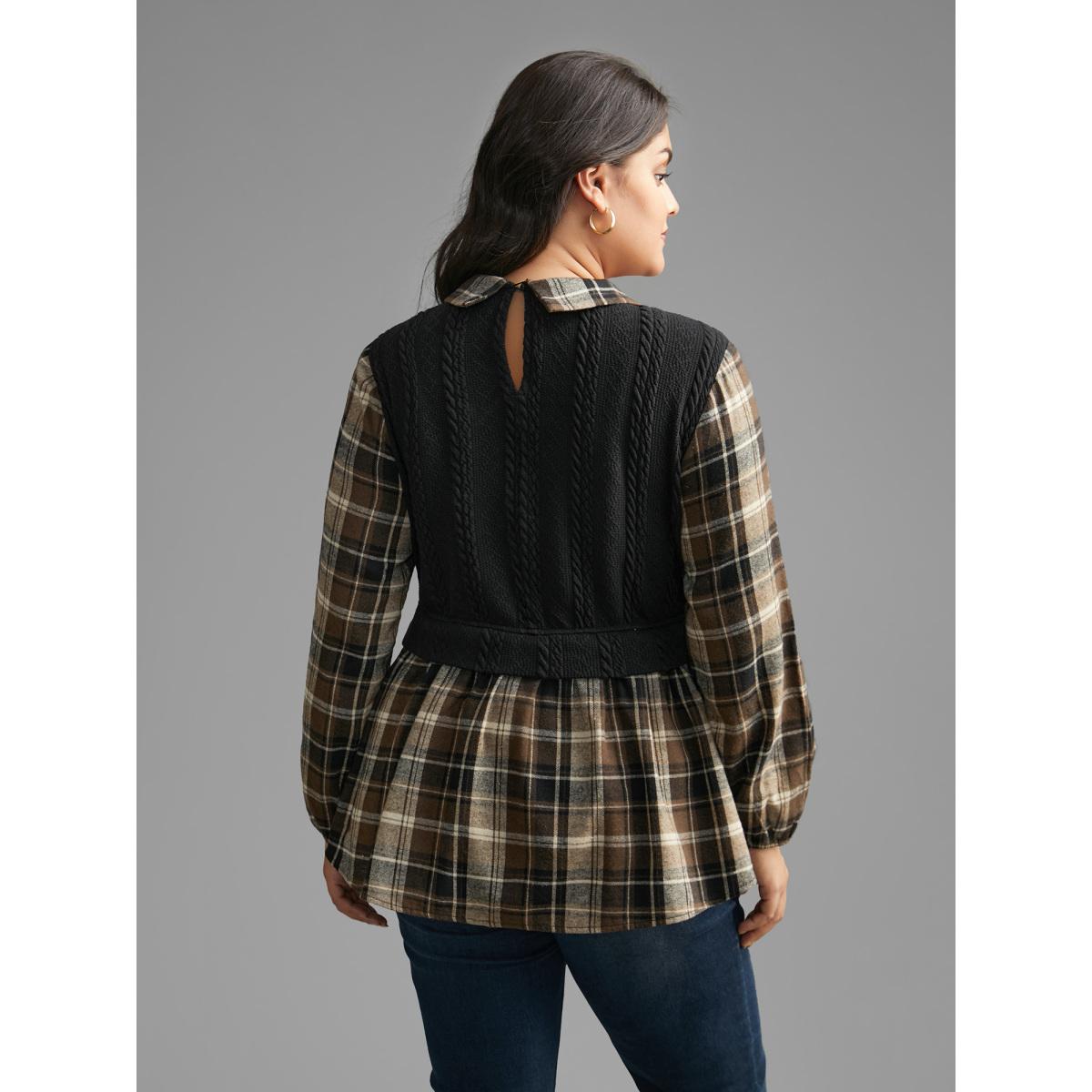Plus Size DarkBrown Plaid Patchwork Texture Lantern Sleeve Blouse Women Elegant Long Sleeve Shirt collar Everyday Blouses BloomChic 22-24/3X Product Image