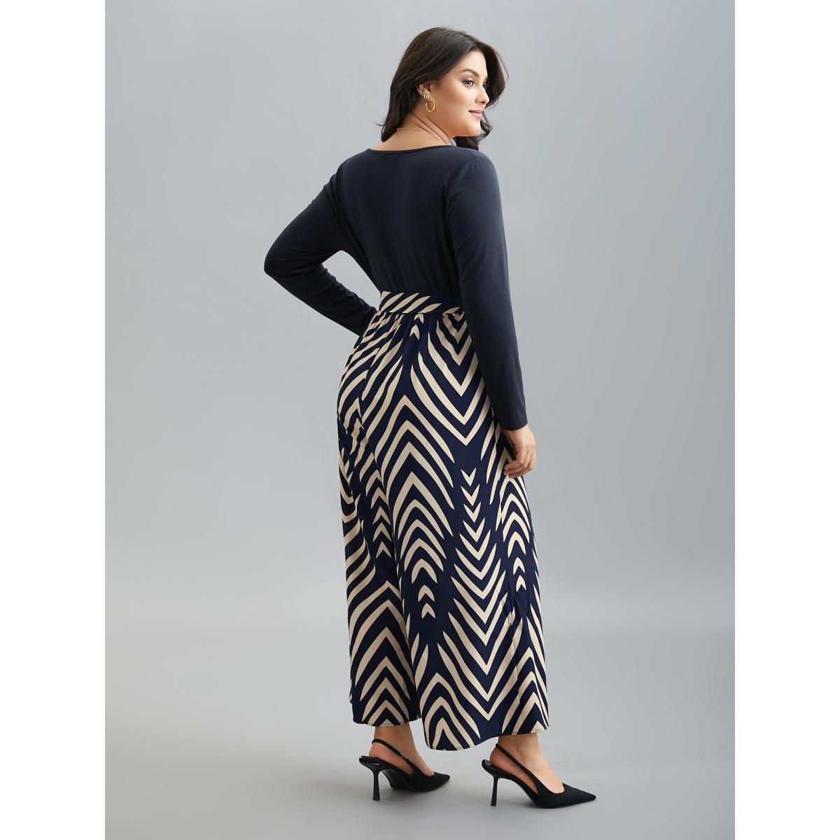 Plus Size DarkBlue Supersoft Geometric Block Stretchy-Waist Jumpsuit Women Elegant Long Sleeve Square Neck Everyday-Elegant Loose Jumpsuits BloomChic 28/5X Product Image