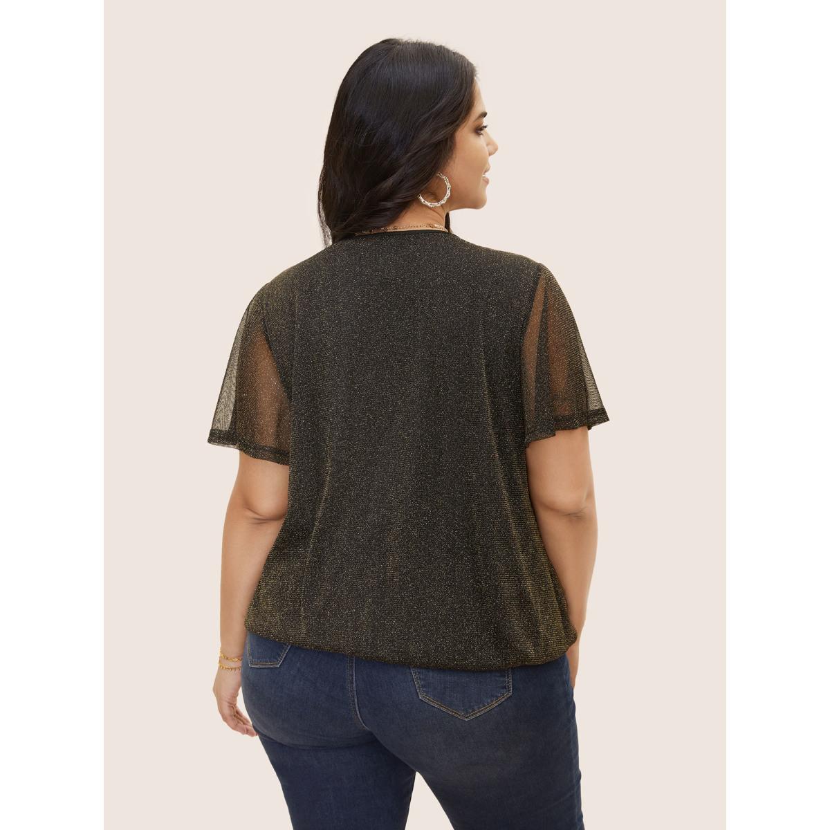 Plus Size Black Overlap Collar Metallic Luster Knitted Mesh Blouse Women Cocktail Short sleeve Overlap Collar Party Blouses BloomChic 14-16/1X Product Image